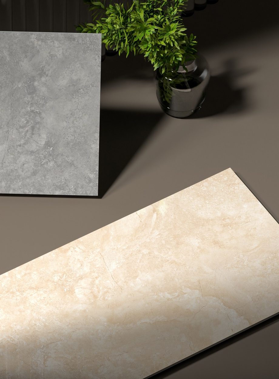 Eternal collection: a grey stone tile and a cream marble tile on a dark surface