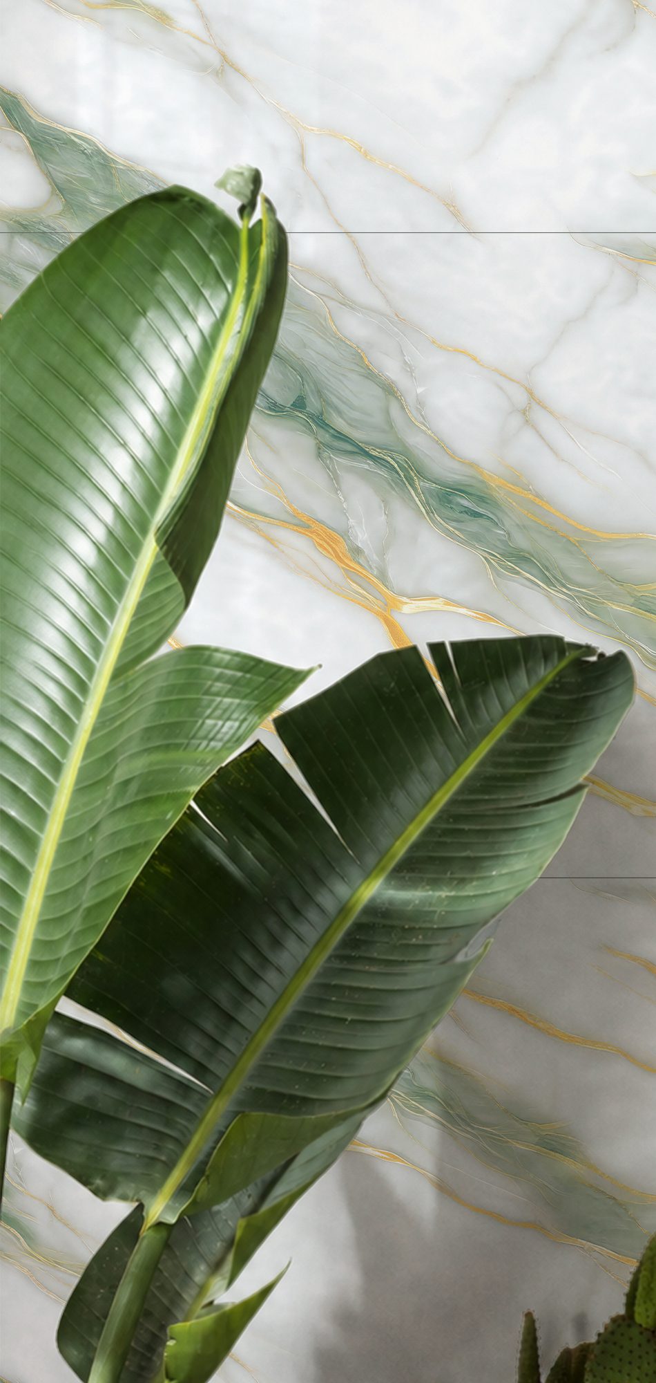 Orabella collection: green and gold veined marble tile behind a banana leaf