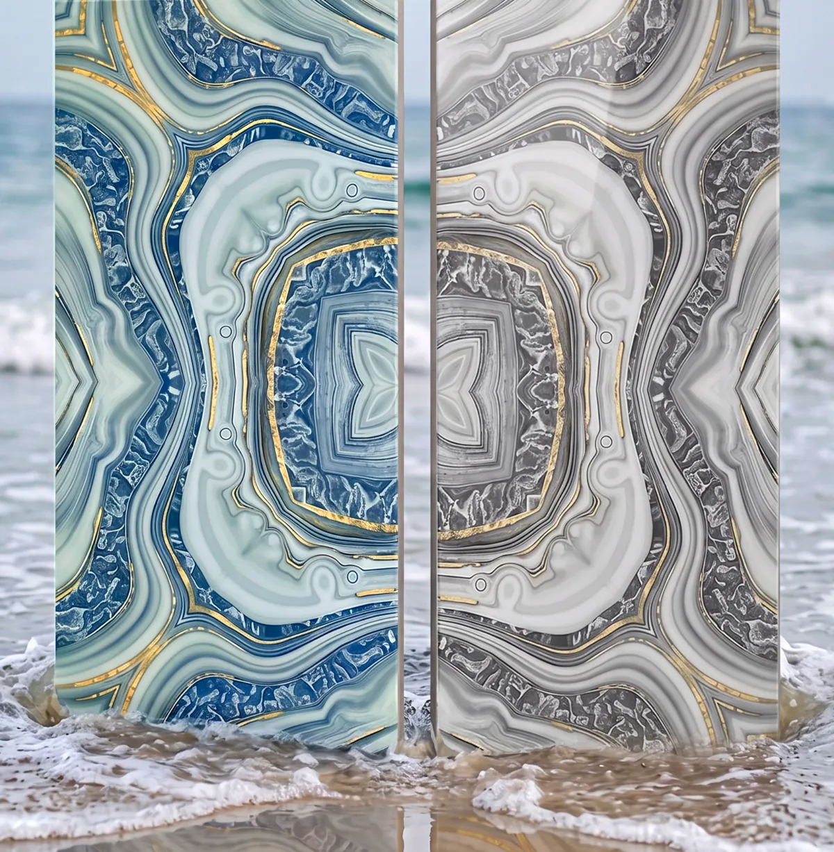 Bookmatch Agate, mirrored blue and grey agate