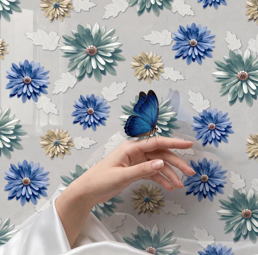 Bloom decorative tile with blue and cream flowers