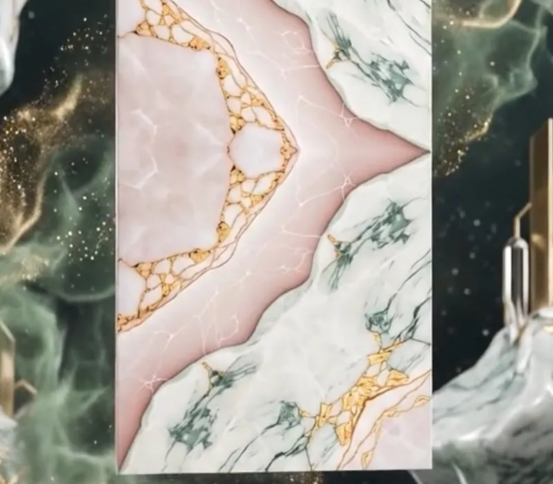Rosa Verde tile in pink and green marble with gold veins