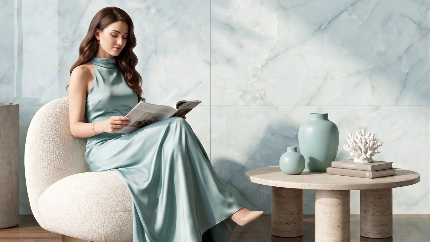 A living room with pale green marble tile walls and a glossy floor